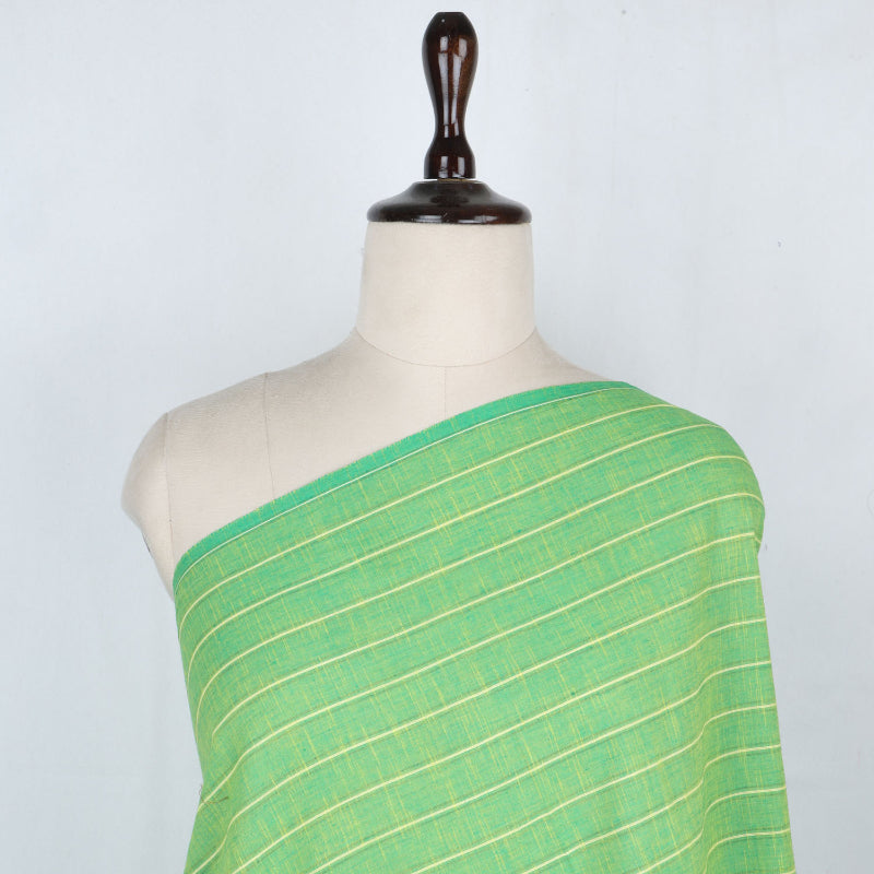 Light Green Color Cotton Fabric With Striped Pattern