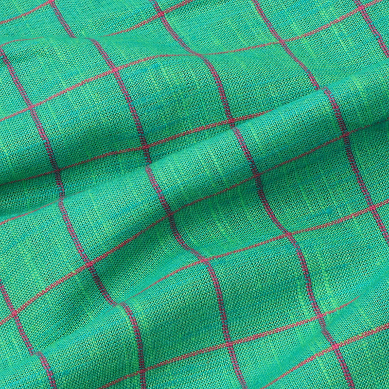 Sea Green Color Cotton Fabric With Checked Pattern