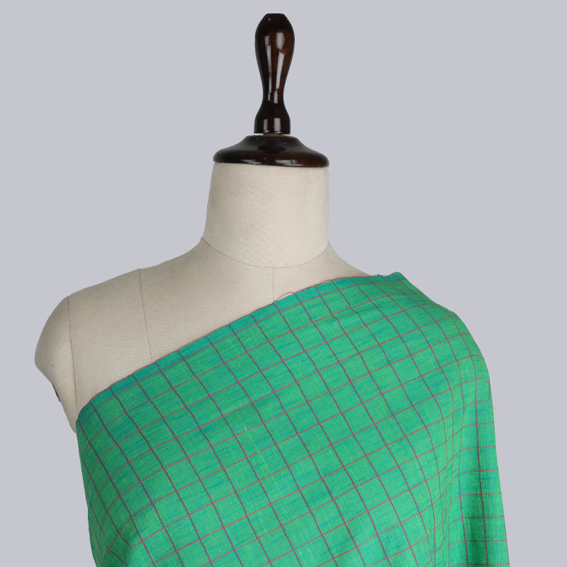 Sea Green Color Cotton Fabric With Checked Pattern