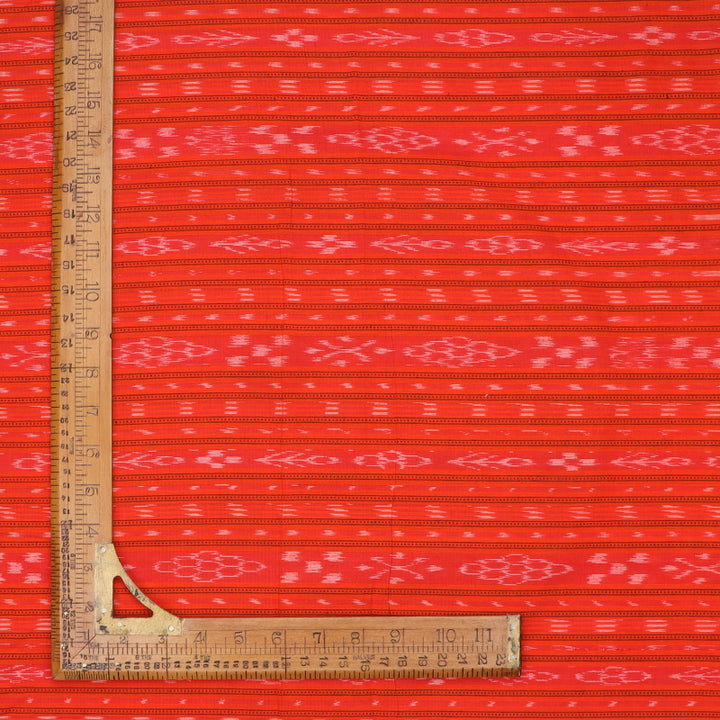 Orange Red Color Cotton Fabric With Striped Geoemtrical Pattern