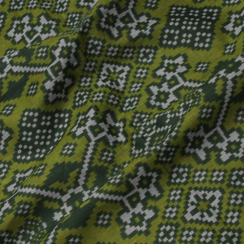 Mehendi Green Color Cotton Fabric With Ikkat Pattern