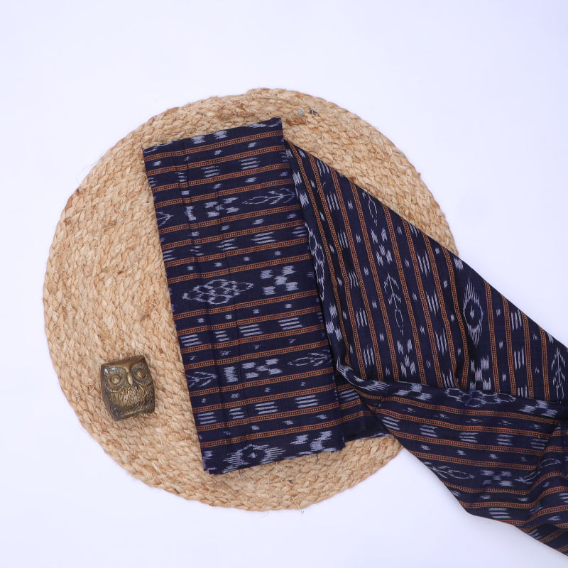 Ink Black Color Cotton Fabric With Striped Geoemtrical Pattern
