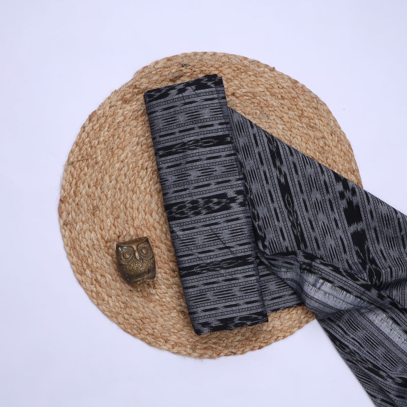 Grey Color Cotton Fabric With Striped Geoemtrical Pattern