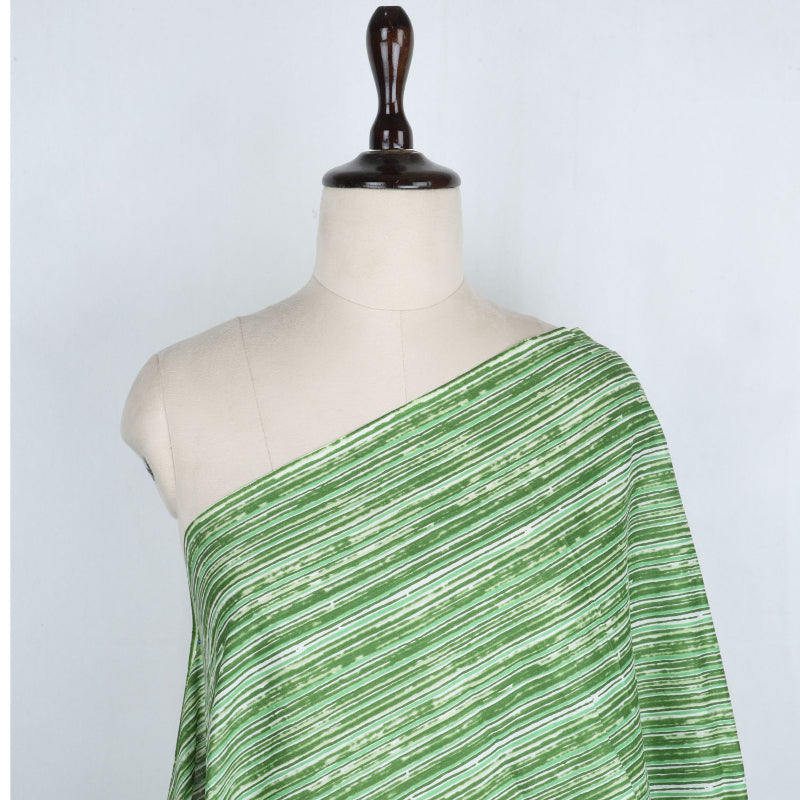 Forest Green Color Cotton Fabric With Striped Pattern