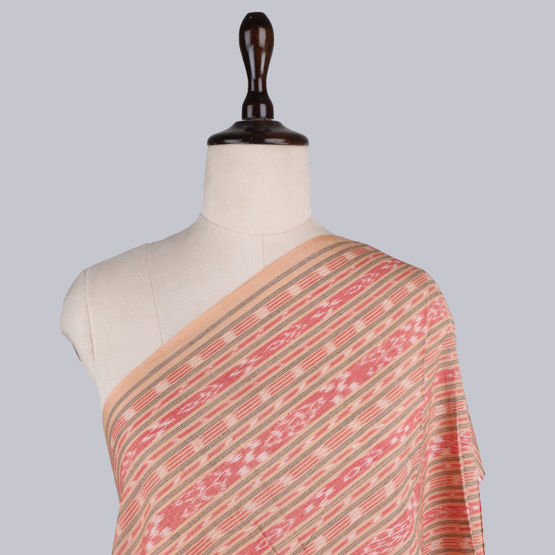 Peach Color Cotton Fabric With Ikkat Pattern