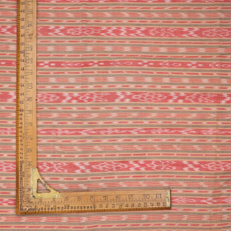 Peach Color Cotton Fabric With Ikkat Pattern