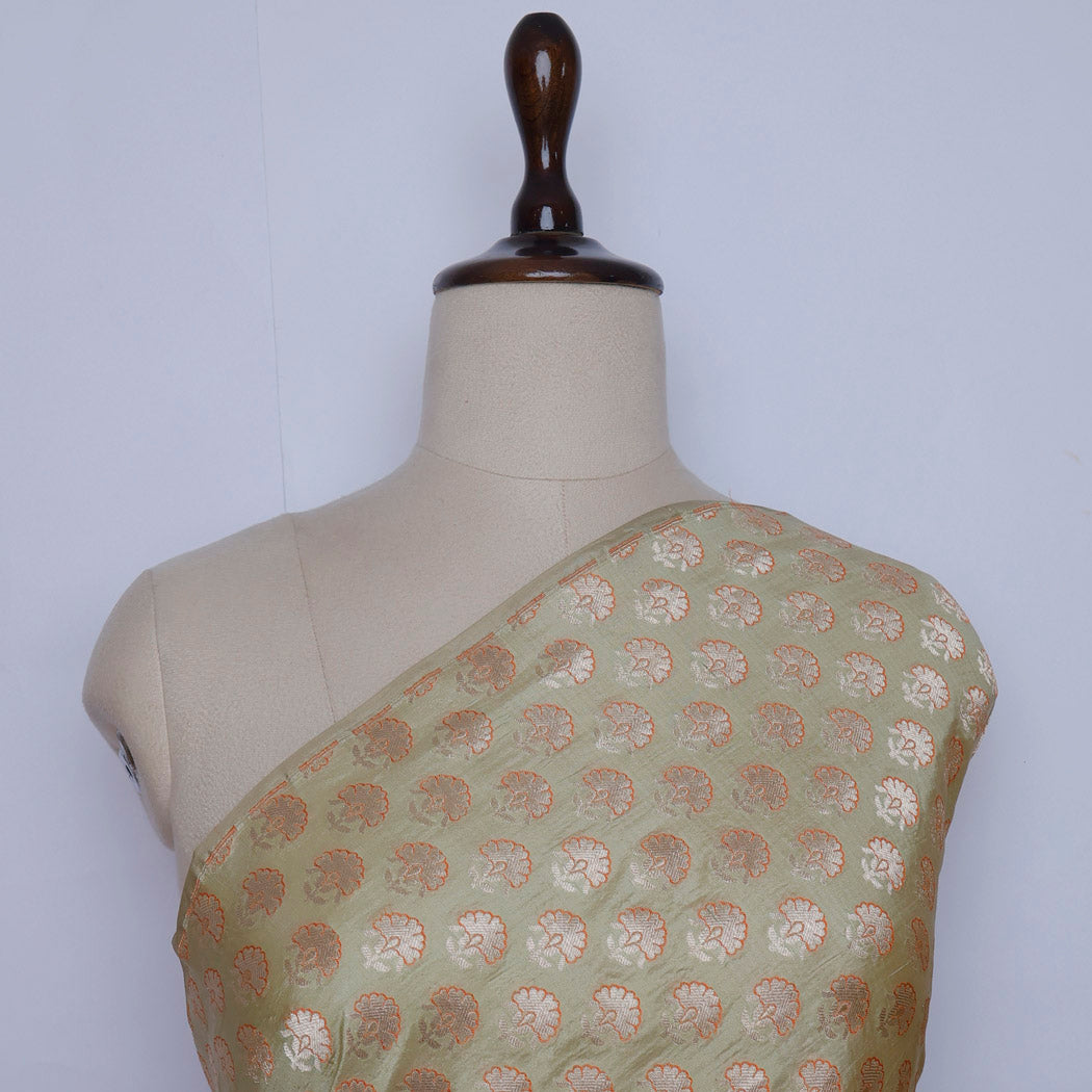 Pastel Green Color Silk Fabric With Tiny Floral Buttis