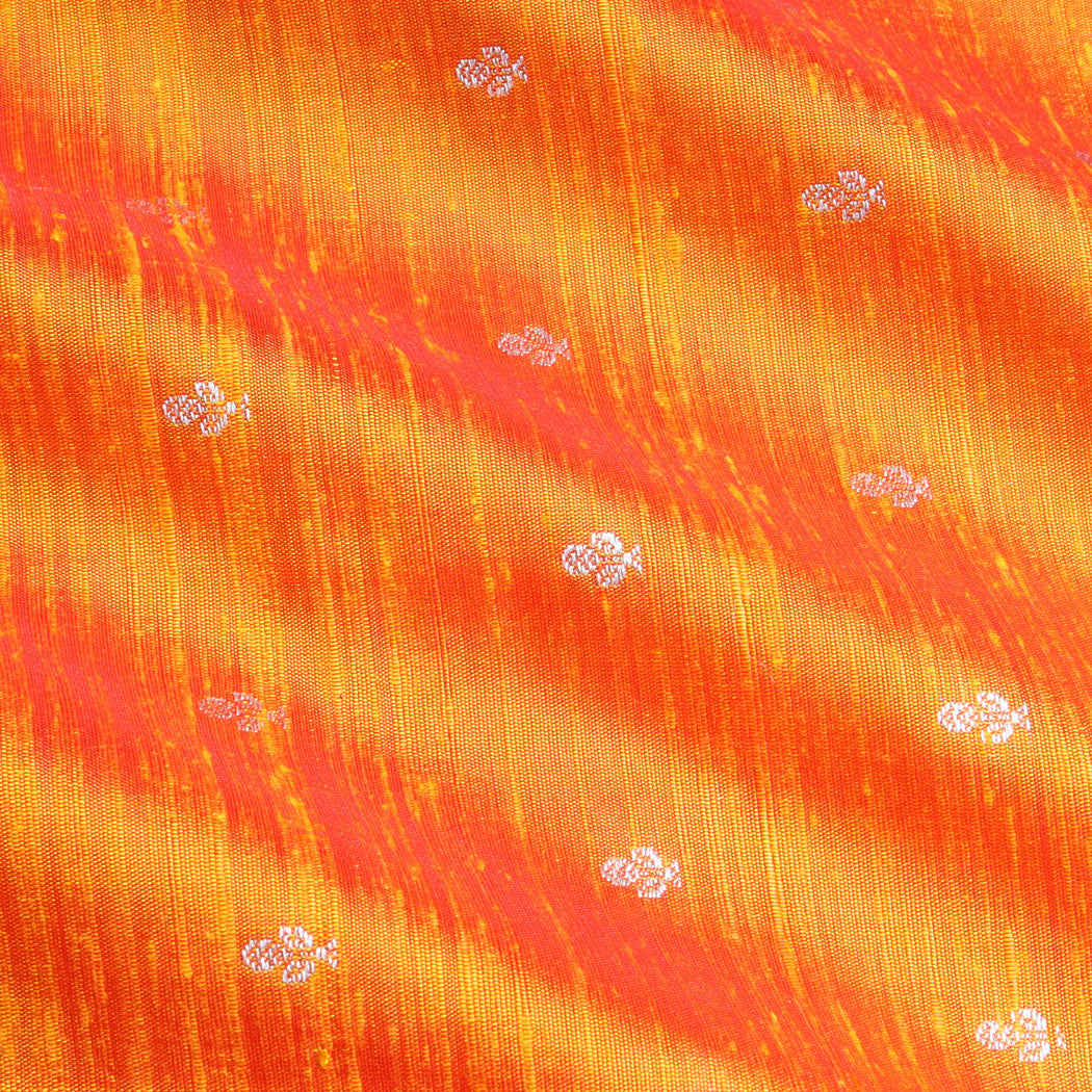 Vibrant Orange Color Dupion Fabric With Floral Buttis