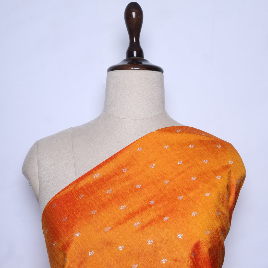 Vibrant Orange Color Dupion Fabric With Floral Buttis