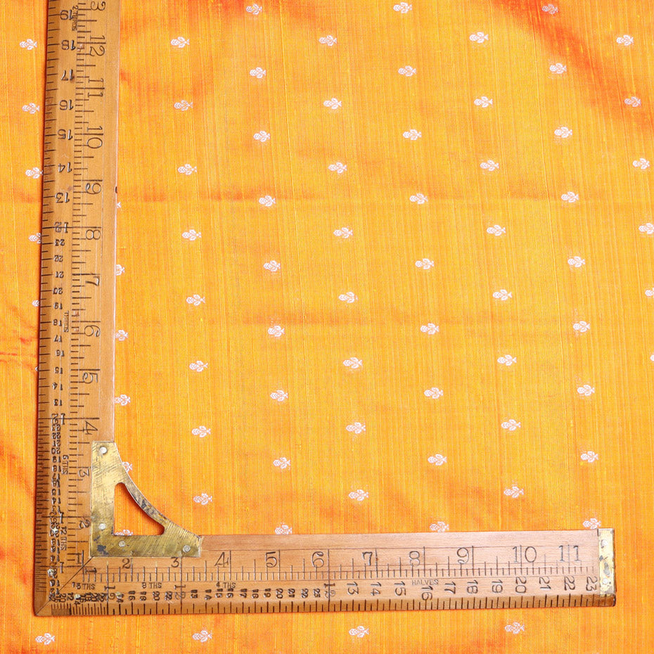 Vibrant Orange Color Dupion Fabric With Floral Buttis