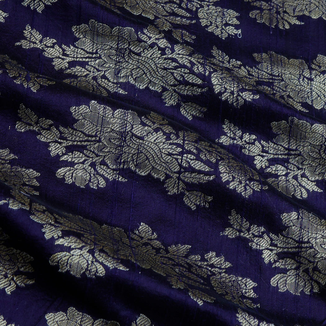 Dark Blue Color Dupion Fabric With Floral Buttas Floral Motifs