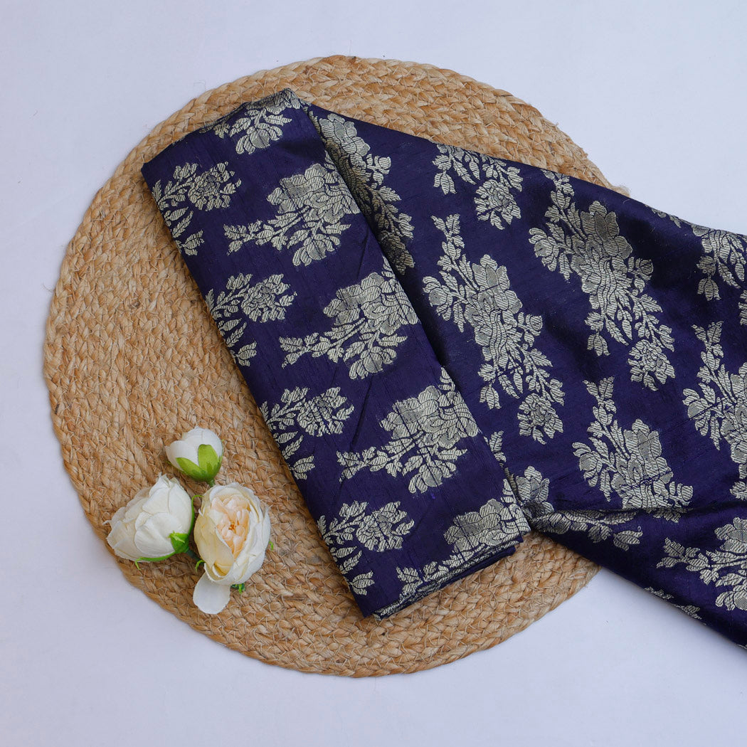 Dark Blue Color Dupion Fabric With Floral Buttas Floral Motifs