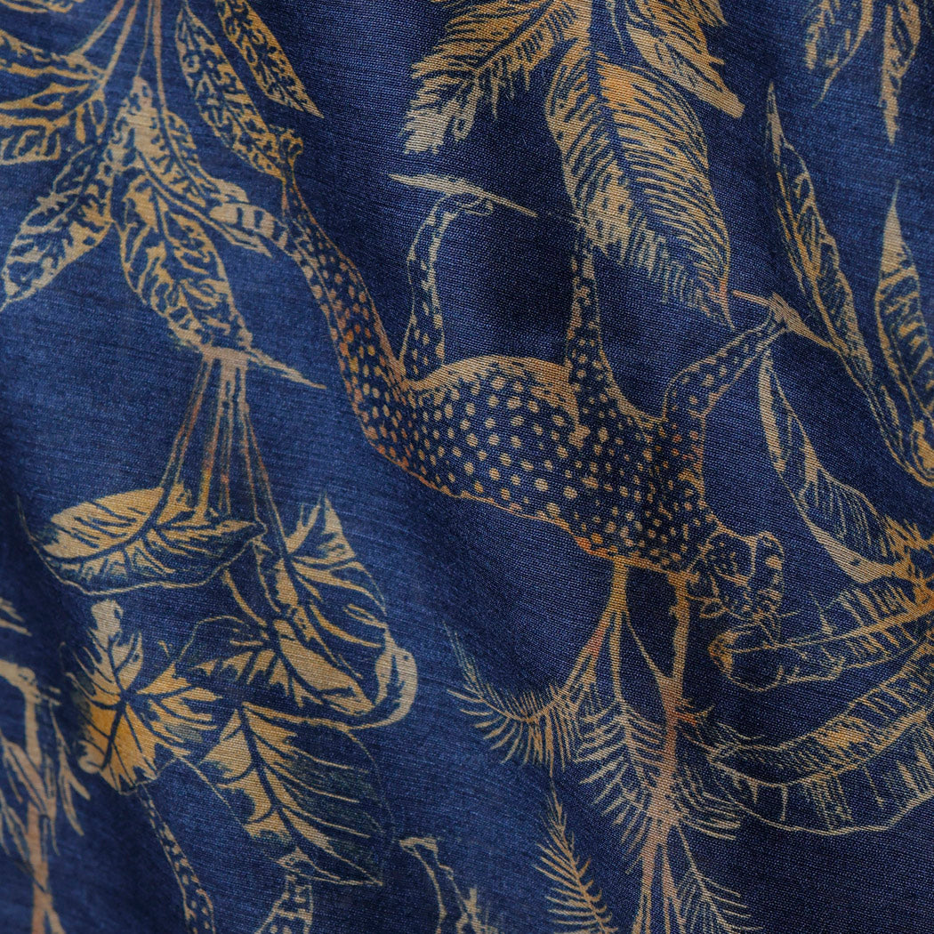 Dark Blue Color Tussar Fabric With Floral And Bird Motif Pattern