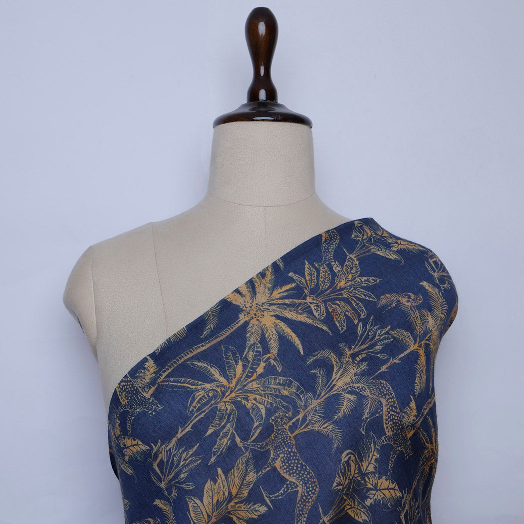 Dark Blue Color Tussar Fabric With Floral And Bird Motif Pattern