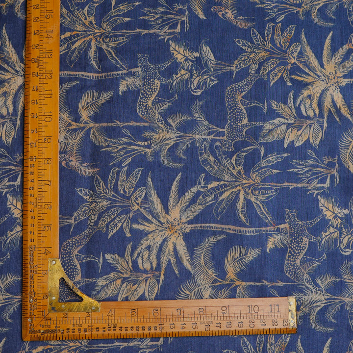 Dark Blue Color Tussar Fabric With Floral And Bird Motif Pattern