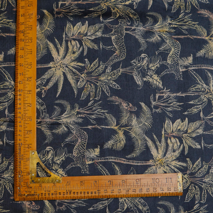Dark Blue Color Tussar Fabric With Nature Inspired Motif Pattern