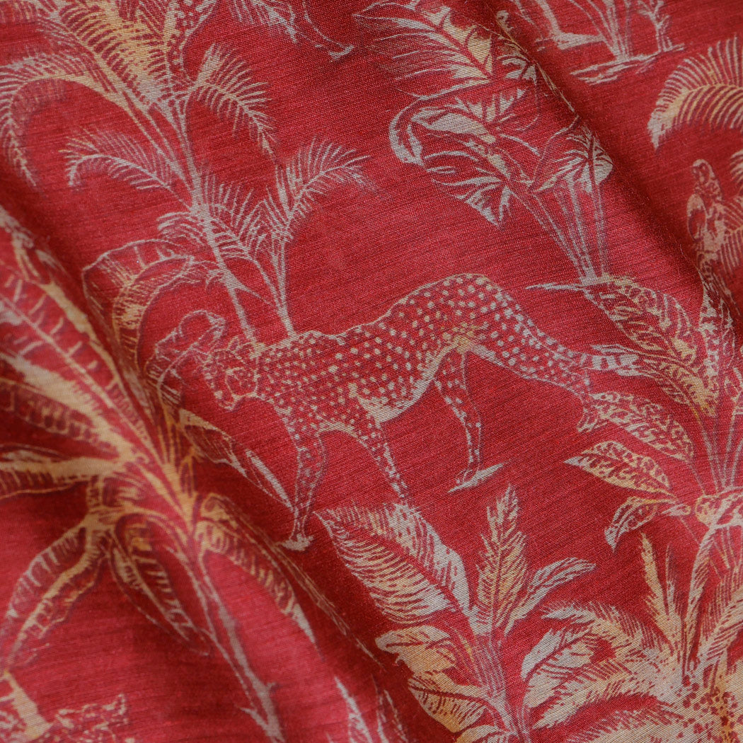 Crimson Red Color Tussar Fabric With Nature Inspired Motif Pattern