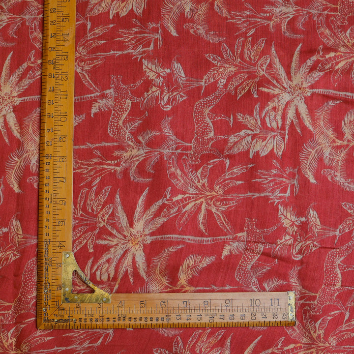 Crimson Red Color Tussar Fabric With Nature Inspired Motif Pattern