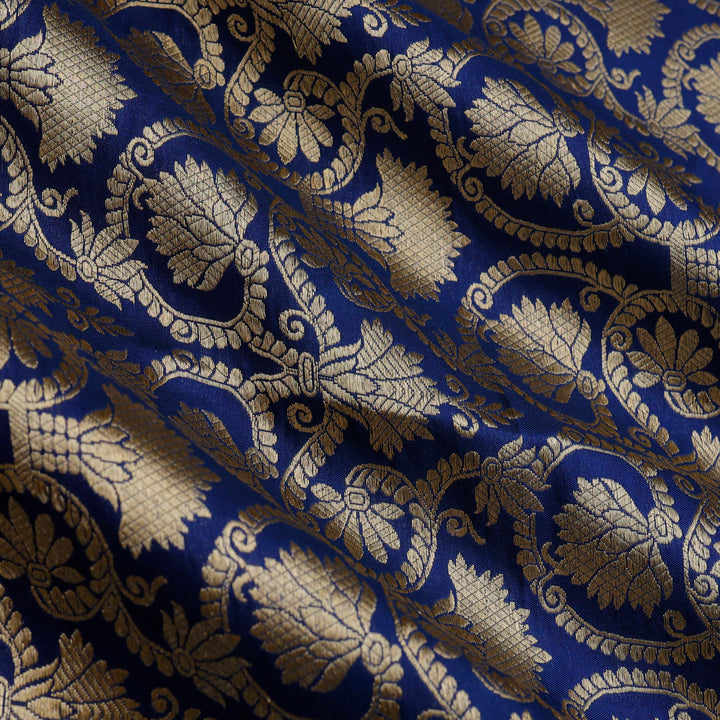 Deep Blue Color Silk Fabric With Floral Motif Pattern
