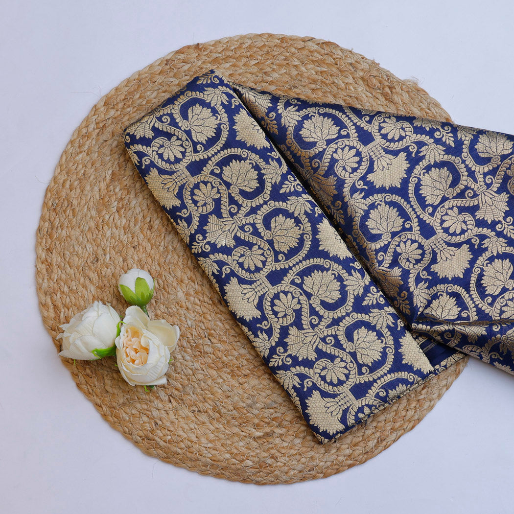 Deep Blue Color Silk Fabric With Floral Motif Pattern