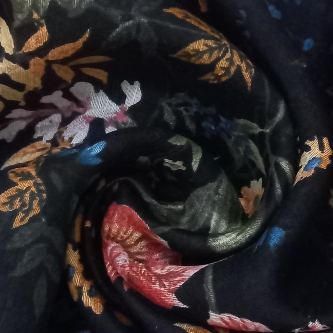 Dark Blue Color Silk Fabric With Printed Floral Motifs