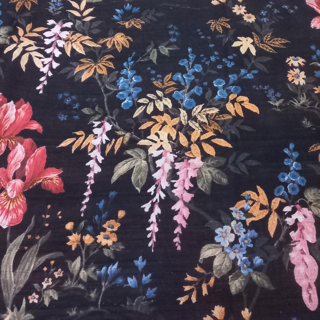 Dark Blue Color Silk Fabric With Printed Floral Motifs