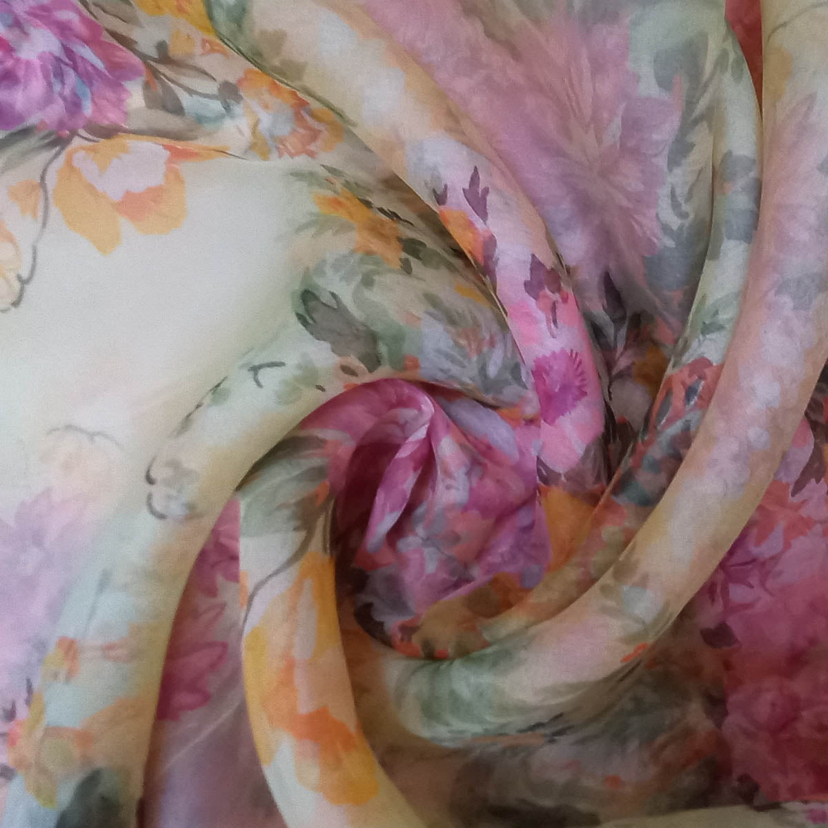 Pastel Cream Color Silk Fabric With Colorful Floral Motifs