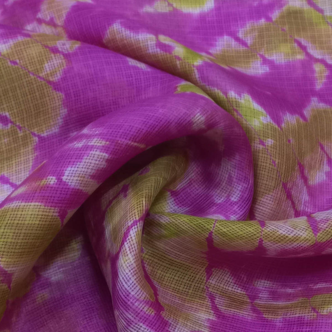 Bright Pinl Color Silk Fabric With Interesting Pattern In Yellow