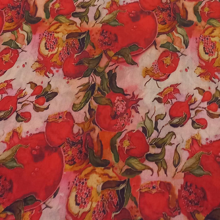 Cream Color Silk Fabric With Floral And Fruit Motifs