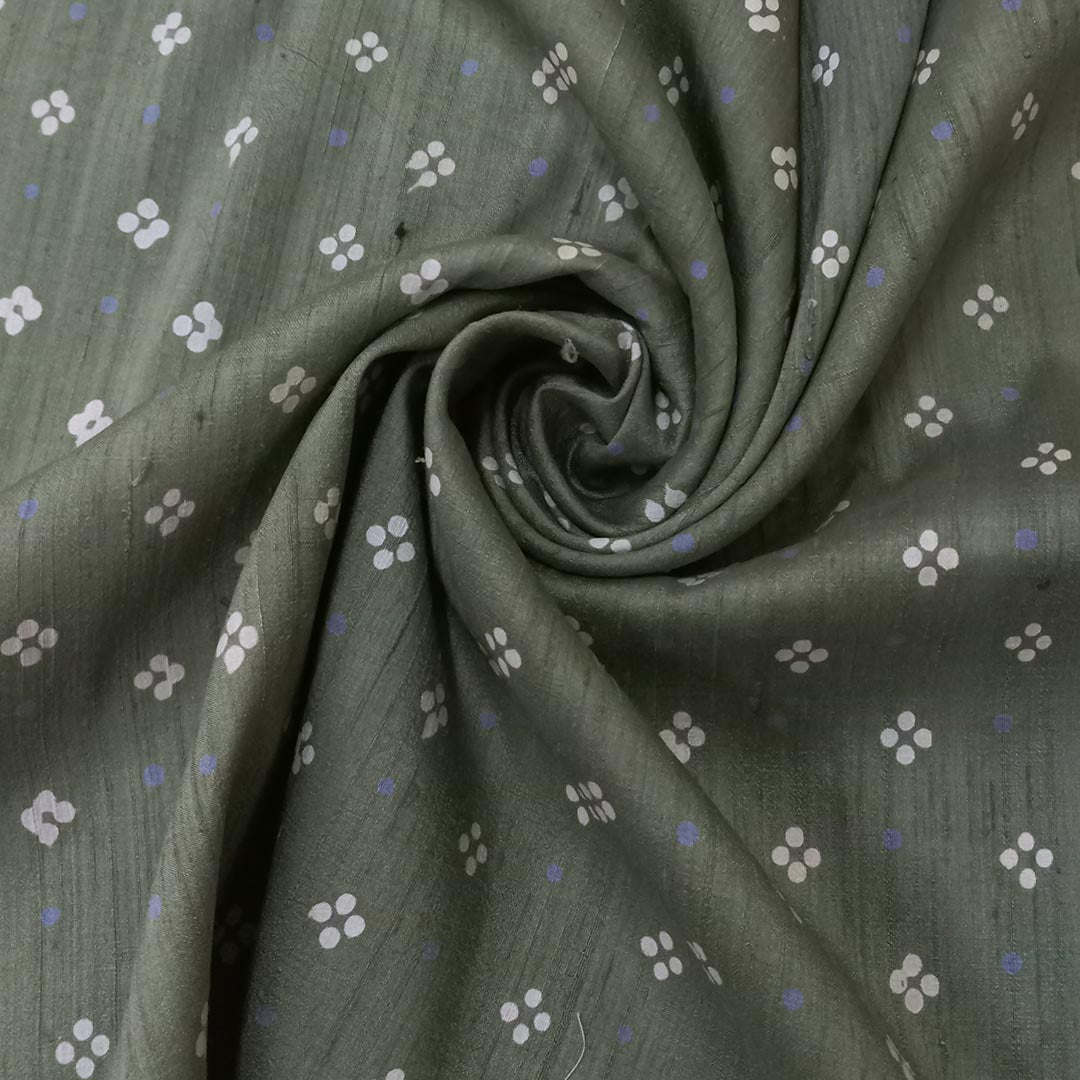 Moss Green Color Silk Fabric With Polka Dots Floral Pattern