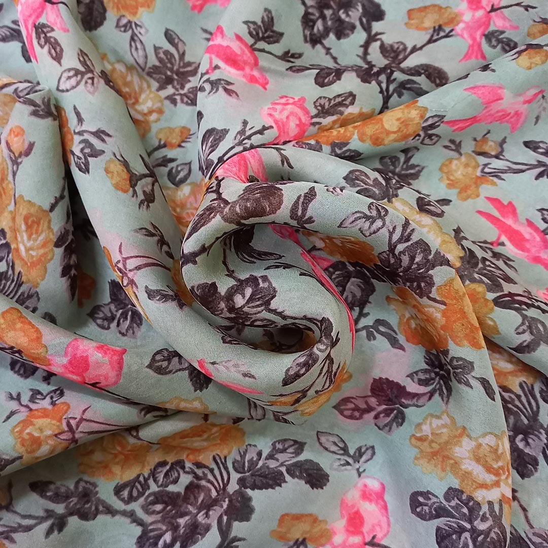 Pastel Green Color Silk Fabric With Printed Floral Motifs