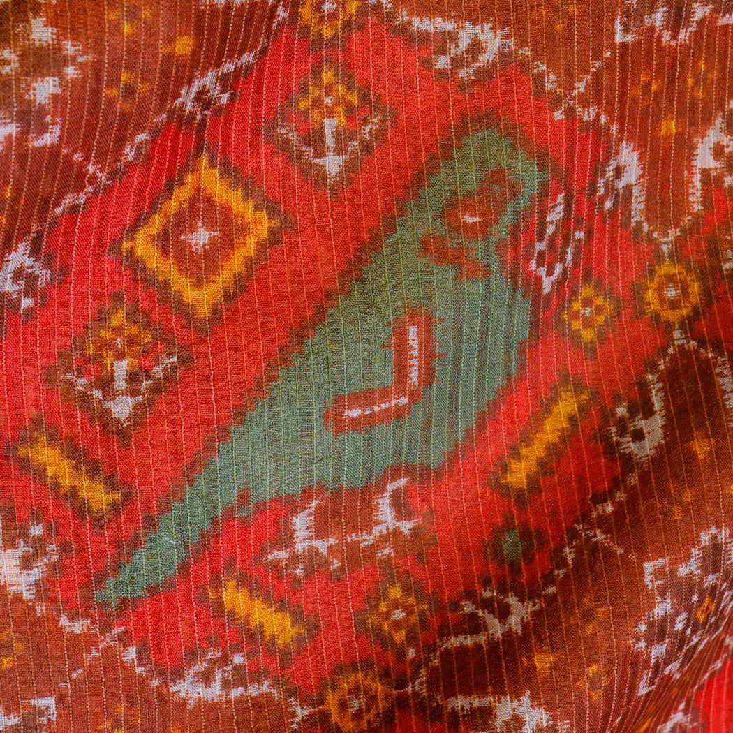 Red Color Tussar Fabric With Digital Patola Print
