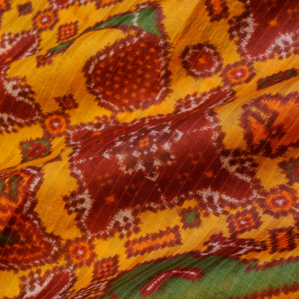 Yellow Color Tussar Fabric With Digital Patola Print