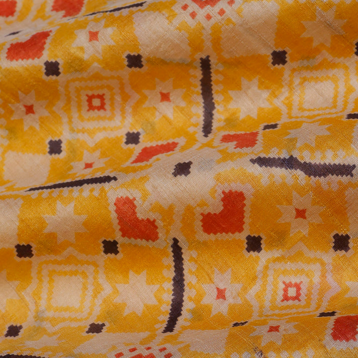 Mango Yellow Color Tussar Fabric With Digital Patola Print