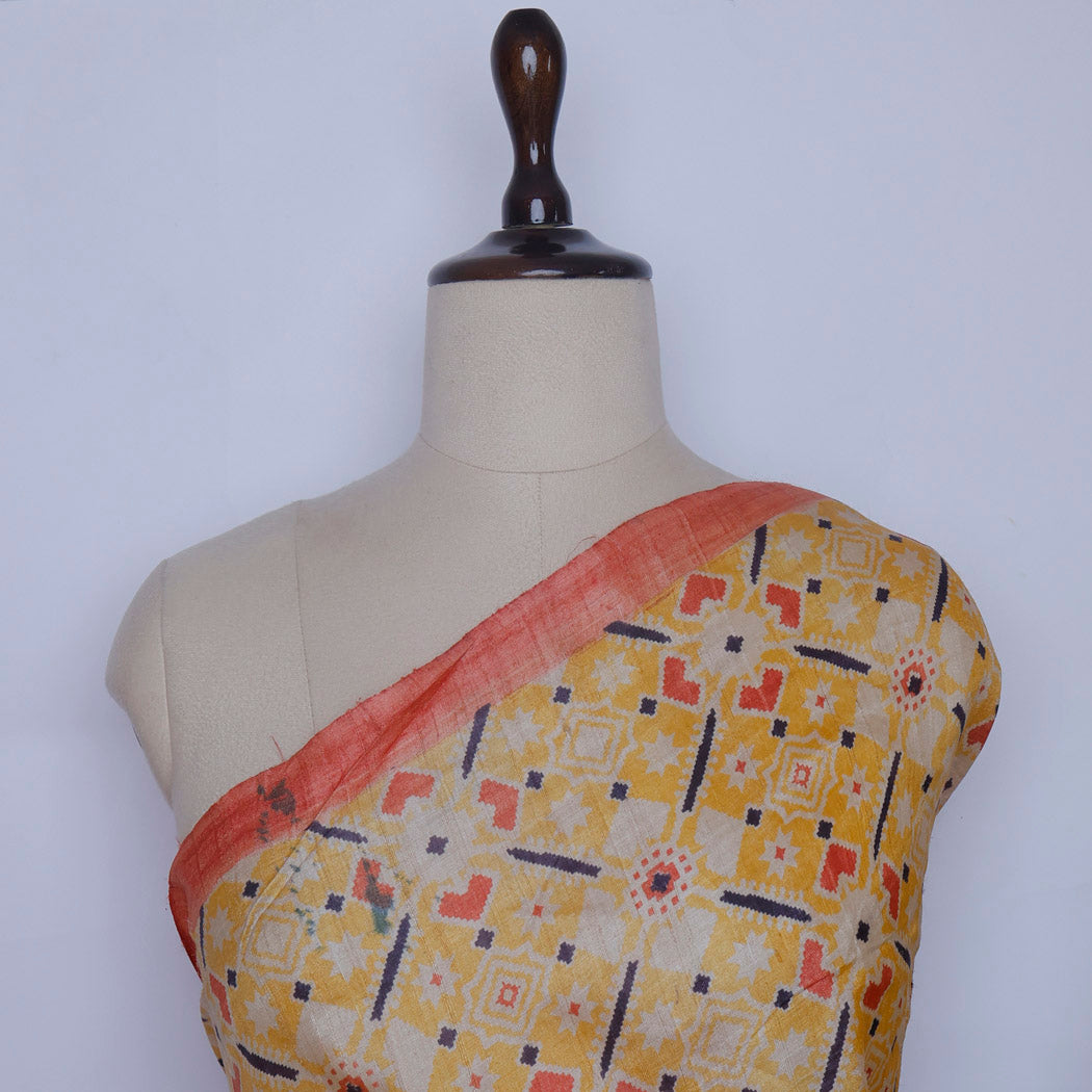 Mango Yellow Color Tussar Fabric With Digital Patola Print