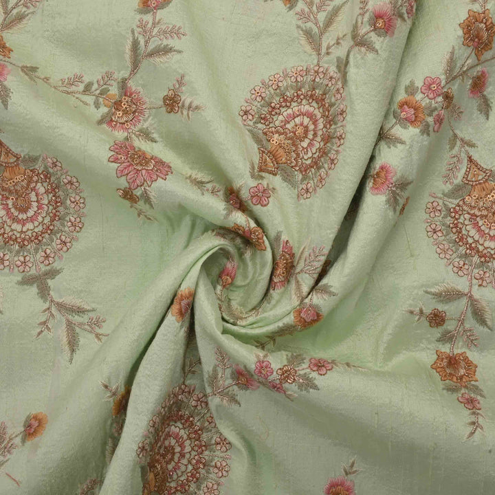 Tea Green Dupion Embroidered Fabric