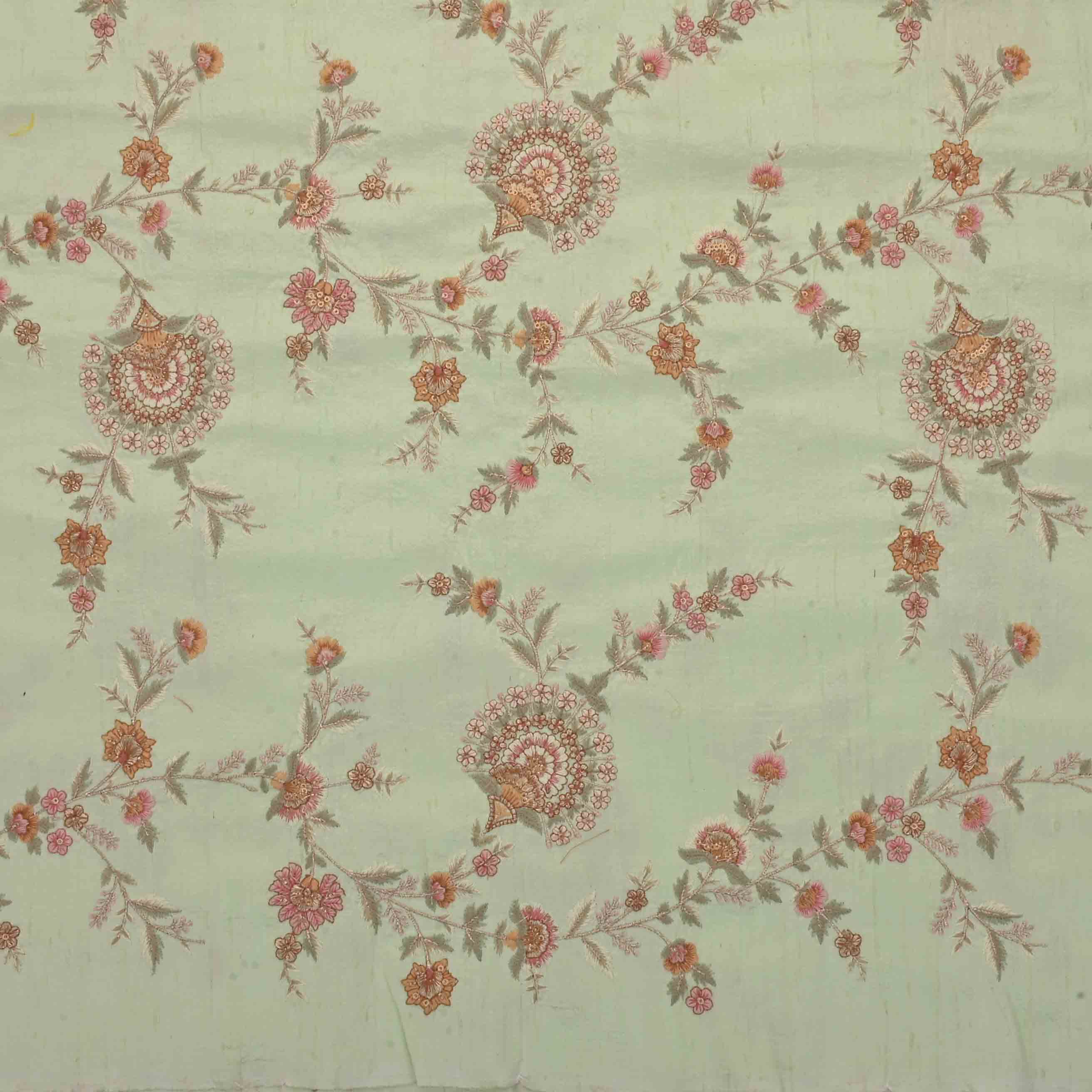 Tea Green Dupion Embroidered Fabric