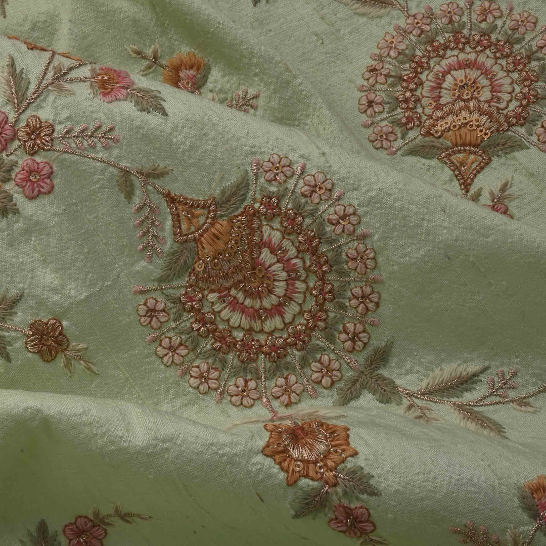 Tea Green Dupion Embroidered Fabric