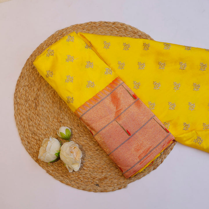 Bright Yellow Color Paithani Silk Fabric With Tiny Floral Buttis