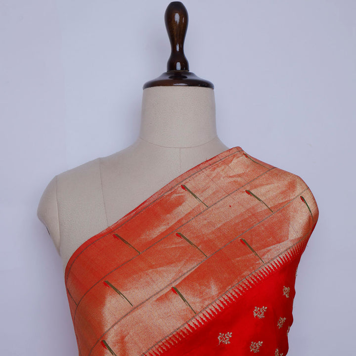 Bright Red Color Paithani Silk Fabric With Tiny Floral Buttis