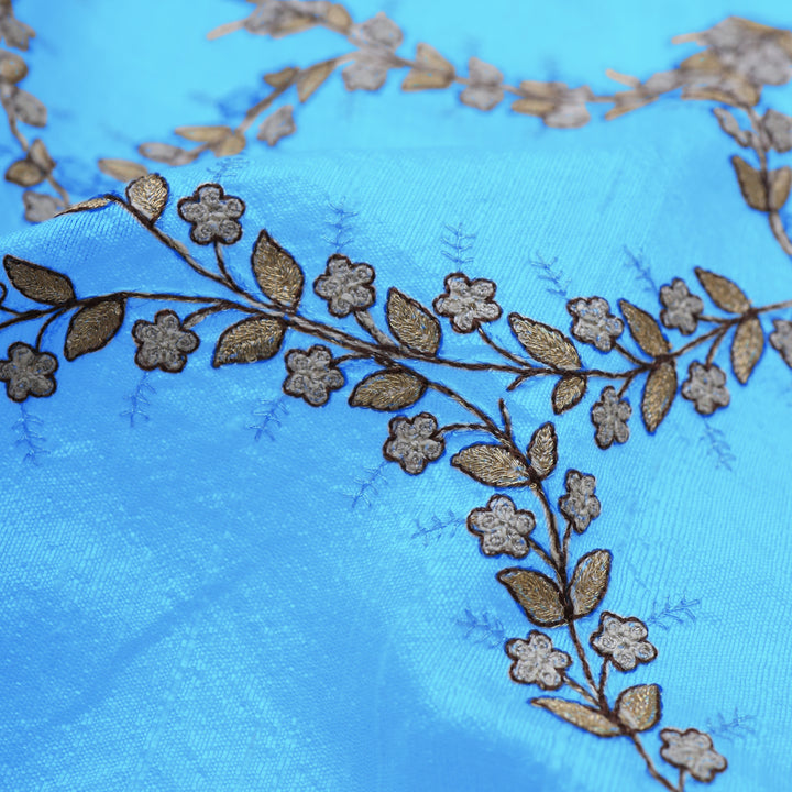 Light Blue Dupion Floral Embroidery Fabric