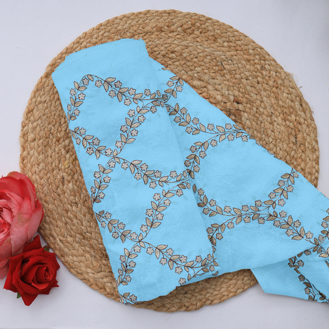 Light Blue Dupion Floral Embroidery Fabric
