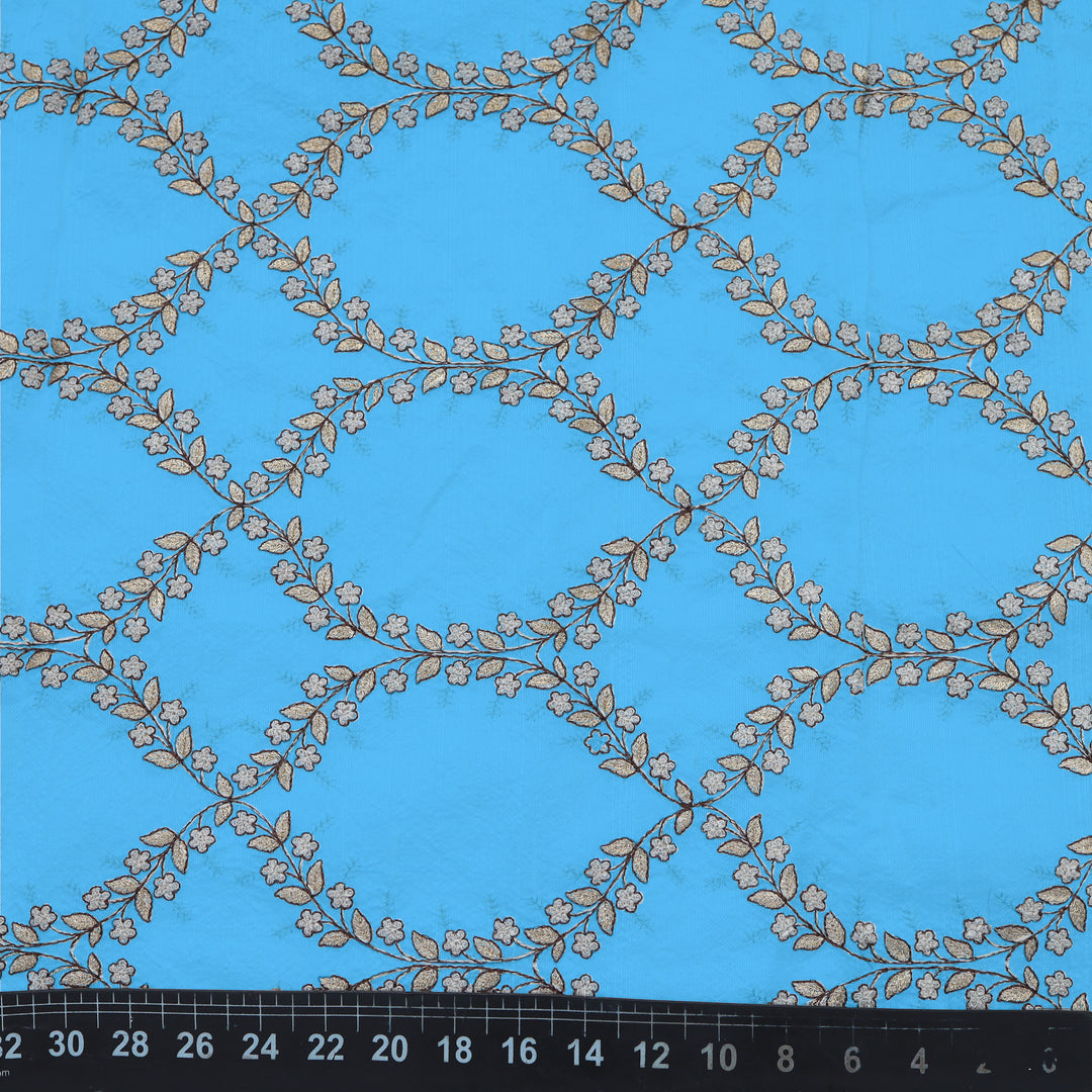 Light Blue Dupion Floral Embroidery Fabric