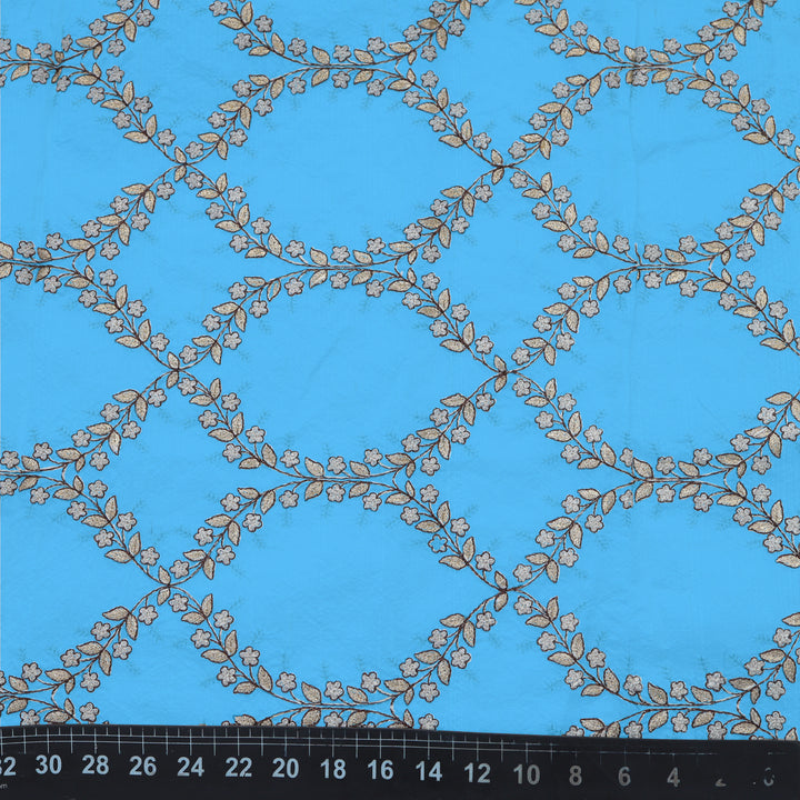 Light Blue Dupion Floral Embroidery Fabric