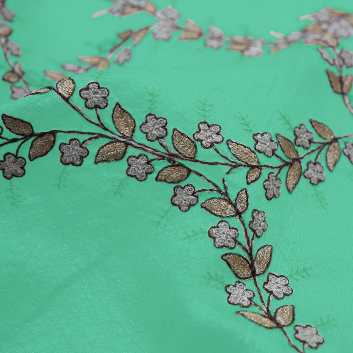 Medium Spring Green Dupion Floral Embroidery Fabric