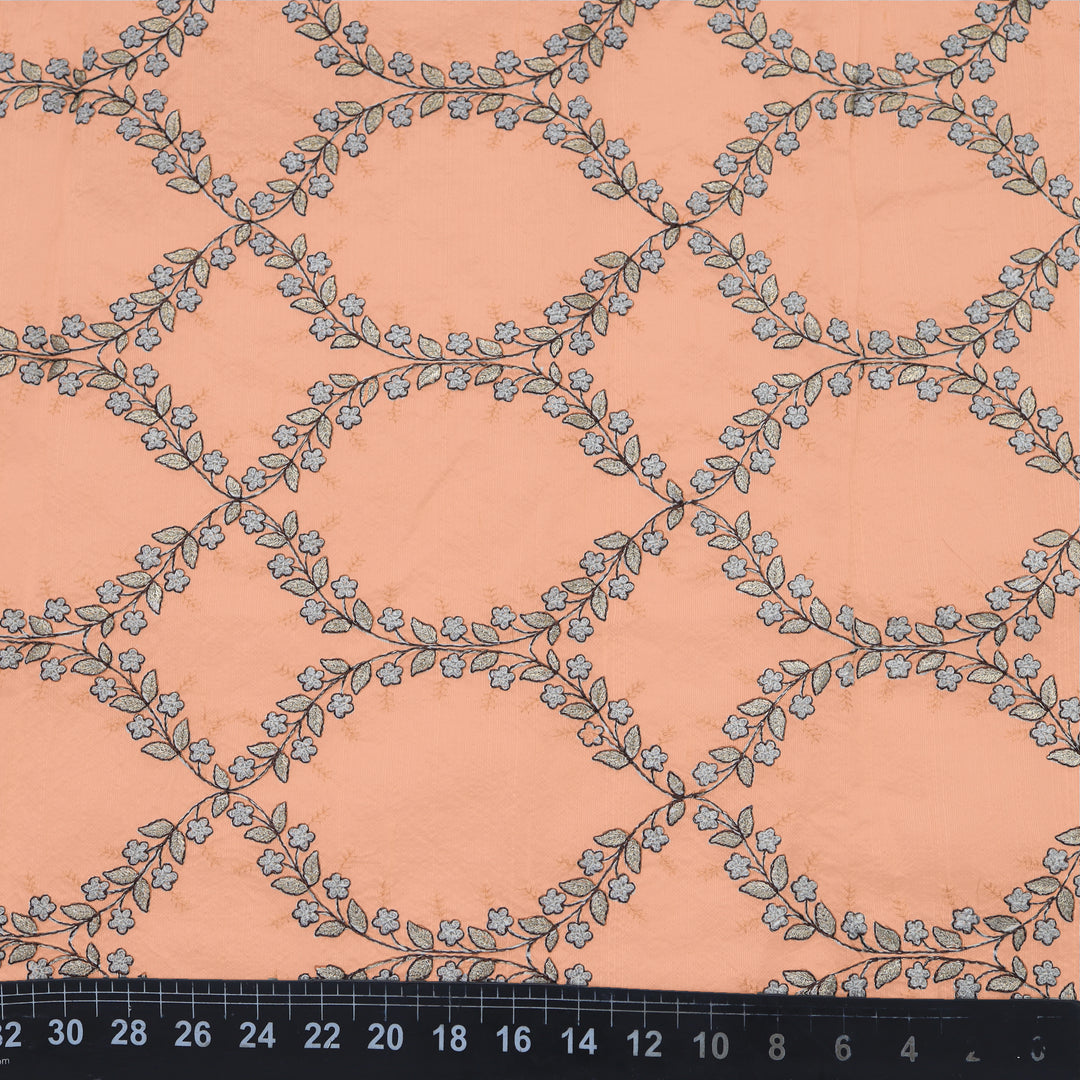 Melon Pink Dupion Floral Embroidery Fabric