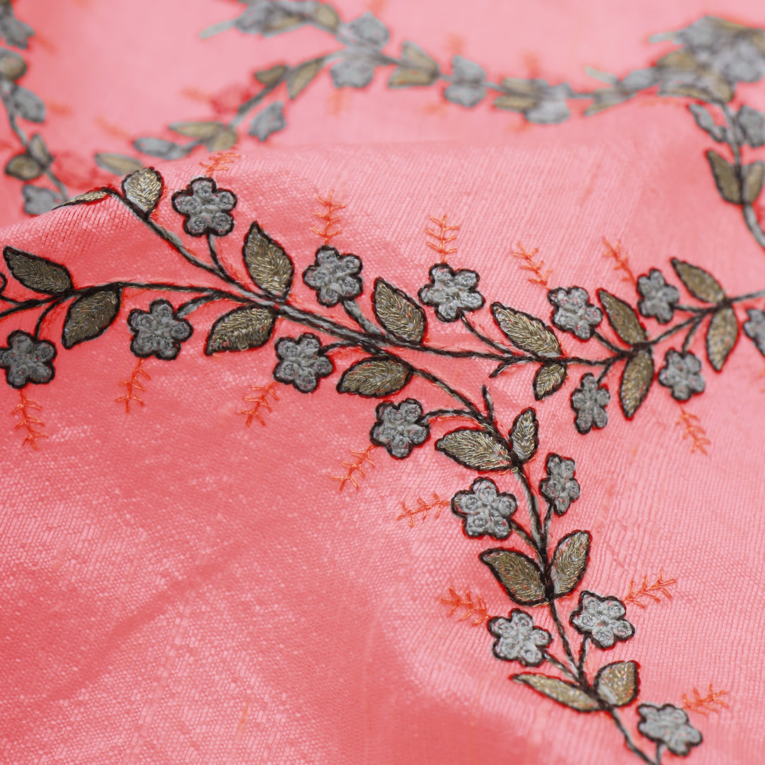 Cherry Blossom Dupion Floral Embroidery Fabric