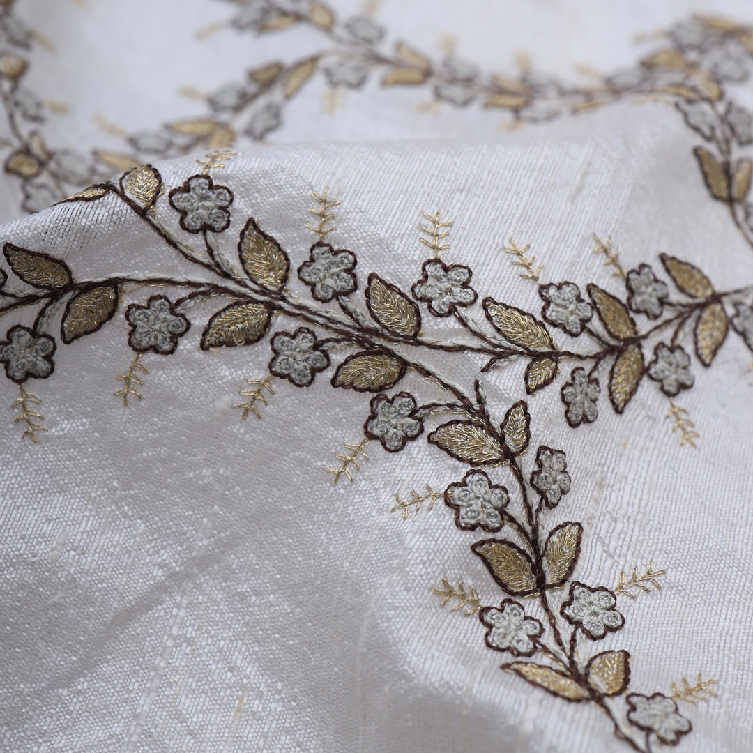 Pearl White Dupion Floral Embroidery Fabric
