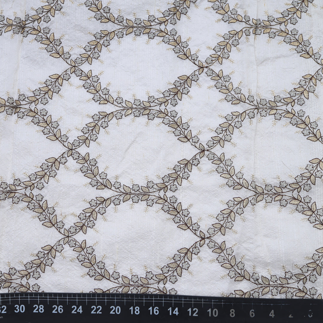 Pearl White Dupion Floral Embroidery Fabric