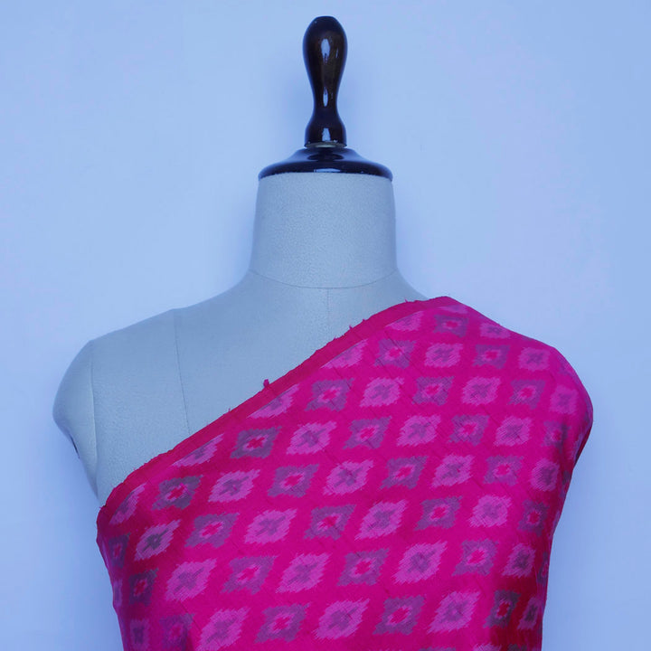 Bright Pink Color Dupion Silk Fabric With Ikat Design